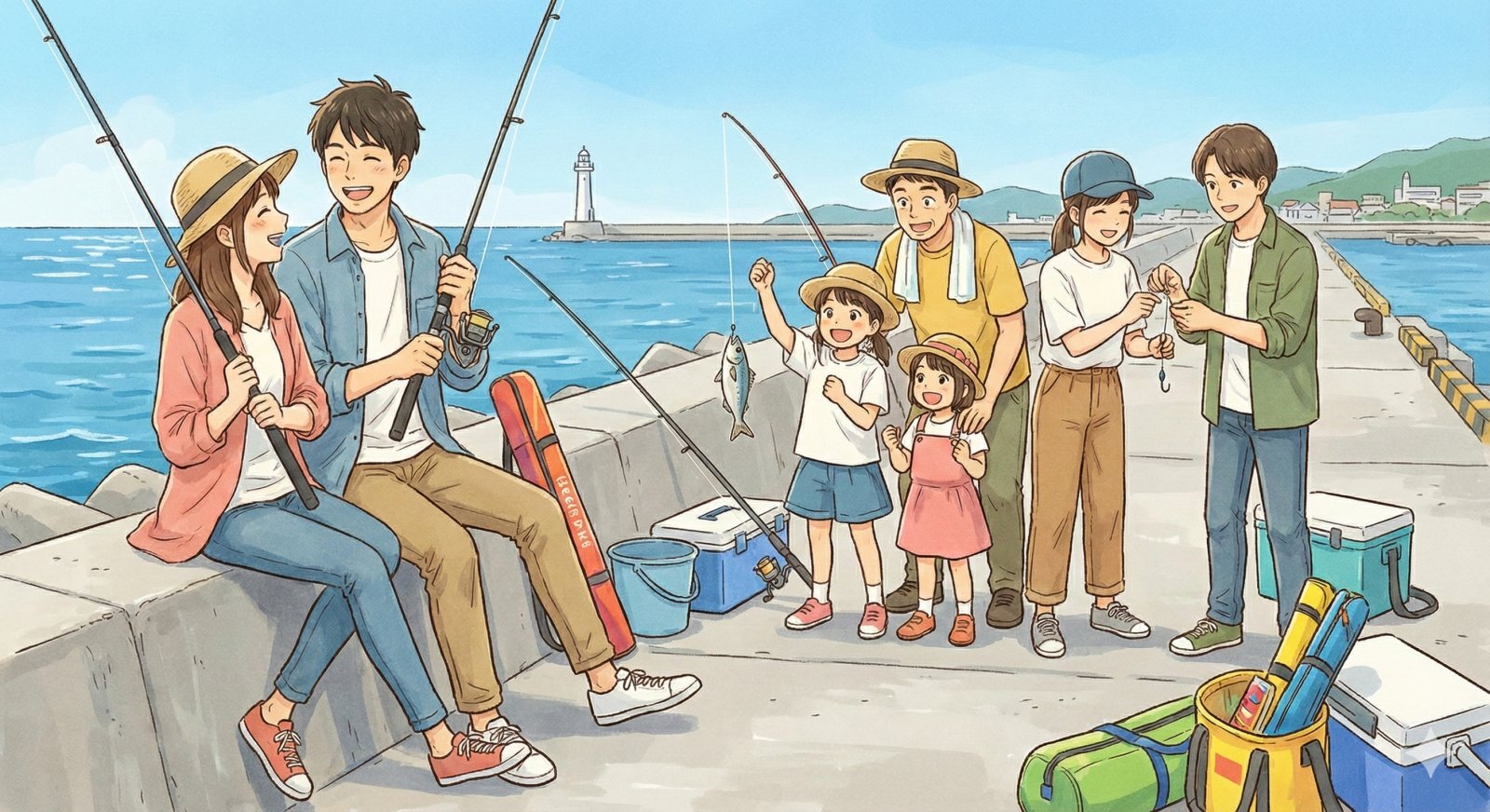 釣り初心者が海で笑顔で竿を持っている様子